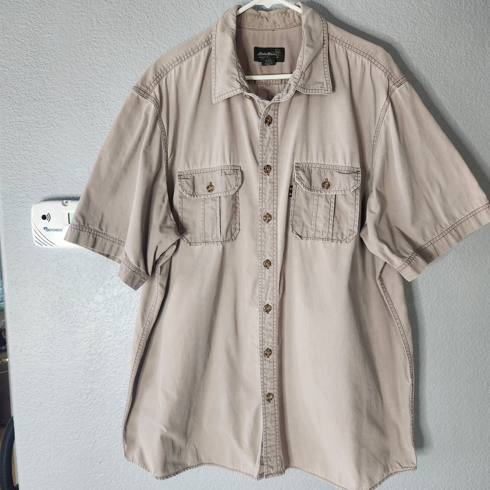 Vtg Eddie Bauer Mens Shirt XXL Tall Beige Short Sleeve Safari Flap Pocket Cotton